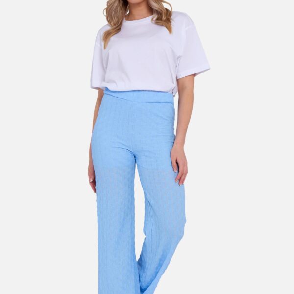 Sky Blue Textured Elasticated Waist Flared Trousers