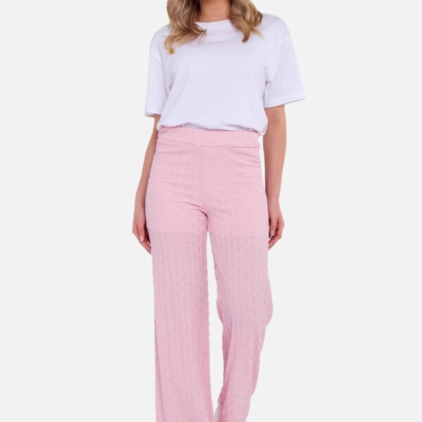 Pink Textured Elasticated Waist Flared Trousers