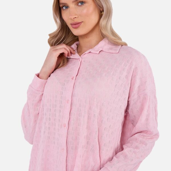 Pink Textured Oversized Long Sleeves Shirt