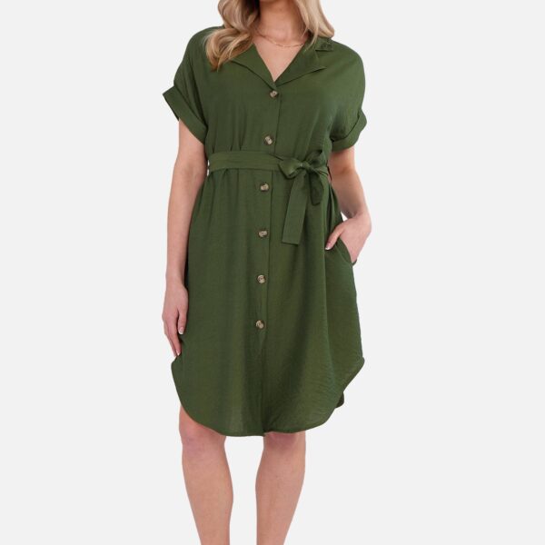 Khaki Utility Belted Oversized Viscose Shirt Dress