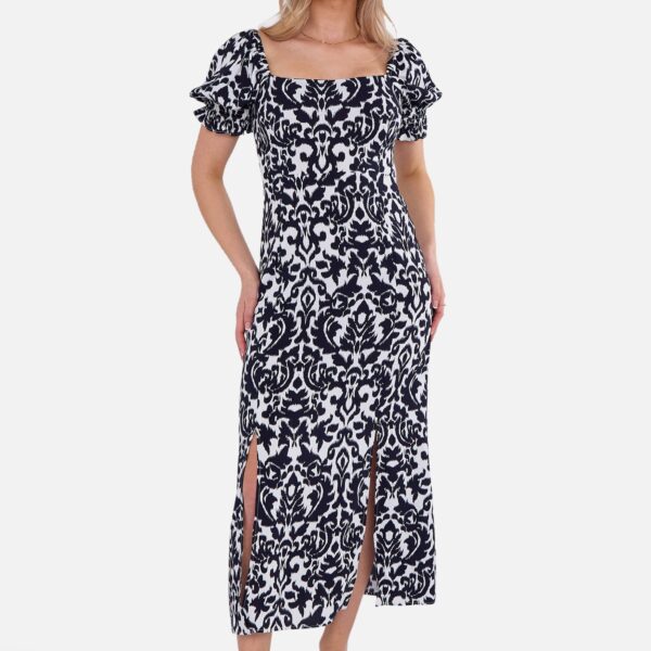 Navy Puff Sleeves Split Viscose Midi Dress
