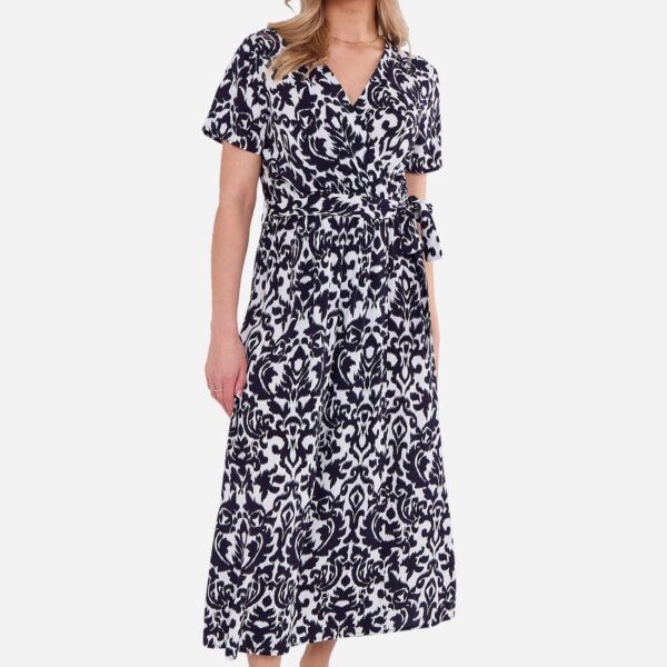 Navy Short Sleeves Viscose Wrap Midi Dress