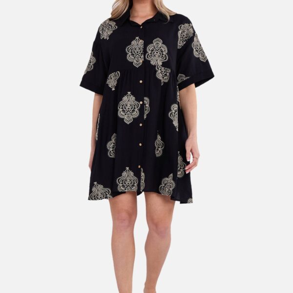 Black Embroidery Smock Oversized Mini Shirt Dress