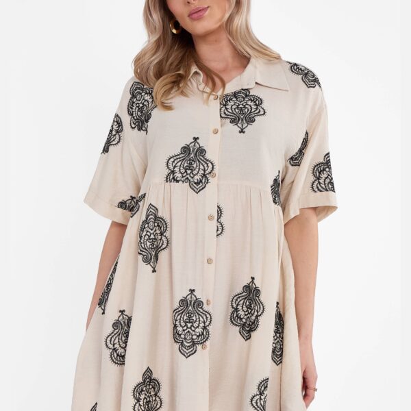 Beige Embroidery Smock Oversized Mini Shirt Dress