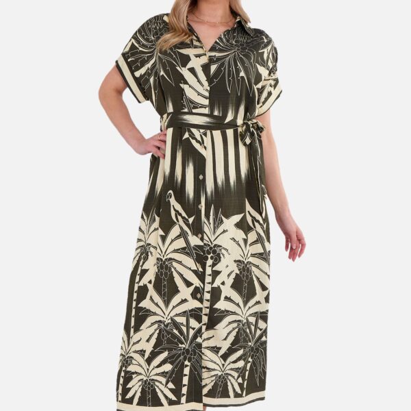 Khaki Tropical Print Midi Shirt Dress