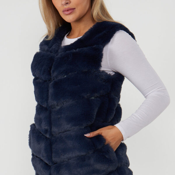 Navy Diagonal Cut Sleeveless Faux Fur Gilet