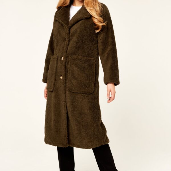 Khaki Longline Teddy Coat