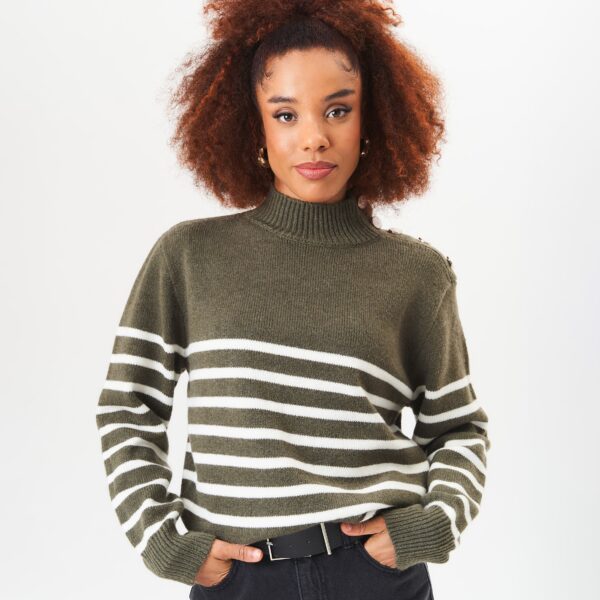 Khaki High Neck Stripe Oversized Jumper