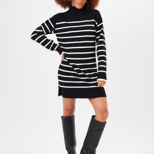 Black High Neck Stripe Oversized Tunic Dress