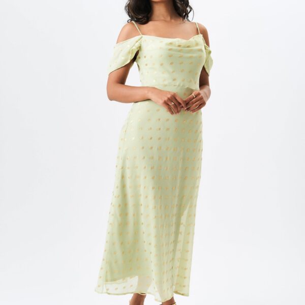 Sage Green Cowl Neck Drop Sleeves Foil Maxi Dress