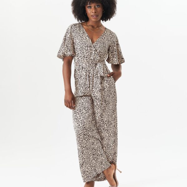 Tan Satin Animal Angel Sleeves Wrap Jumpsuit