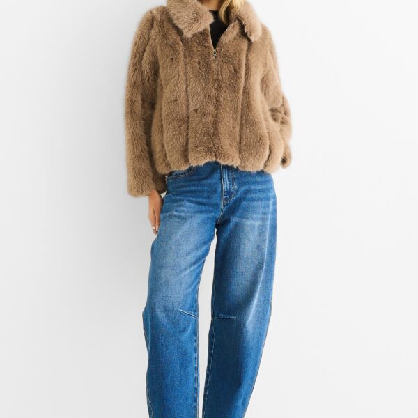 Stone Zip Front Faux Fur Short Jacket