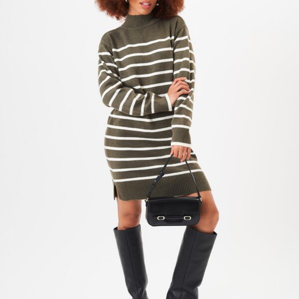Khaki High Neck Stripe Oversized Tunic Dress