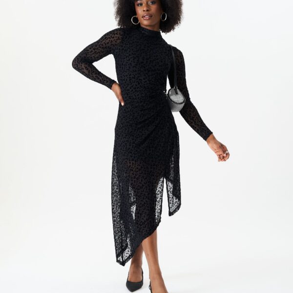 Black Animal Devore High Neck Midi Dress