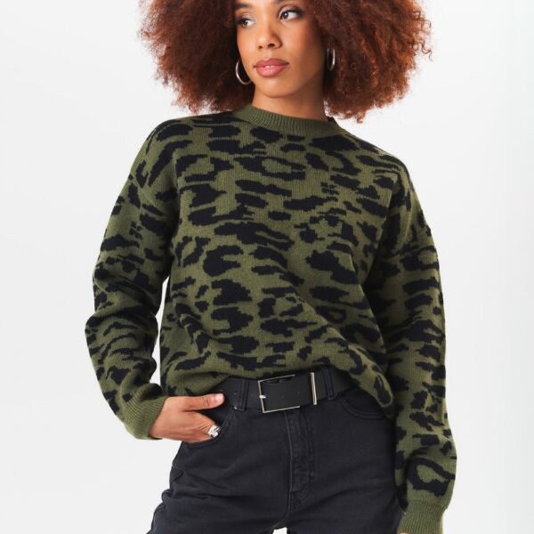 Khaki Animal Print Crew Neck Knit Jumper