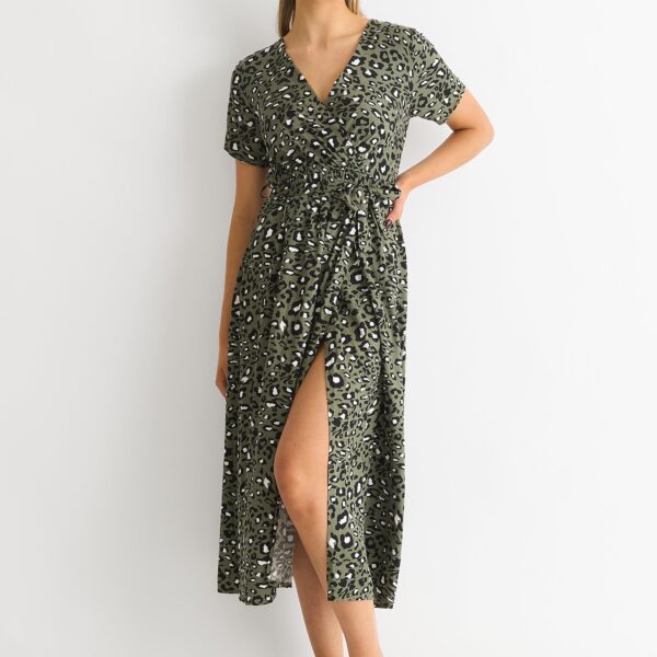Short Sleeve Animal Print Wrap Front Midi Dress