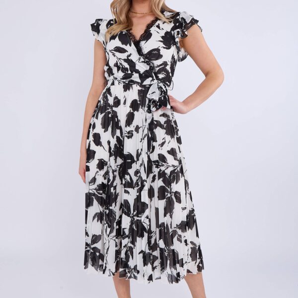 Lace Trim Mono Pleated Wrap Midi Dress