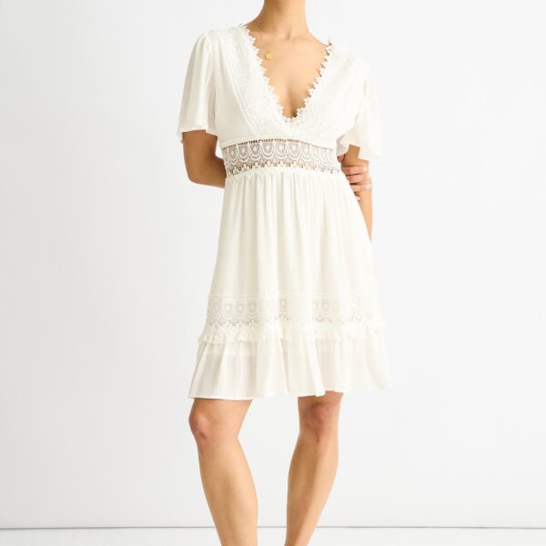 White Lace Trim Viscose Mini Skater Dress