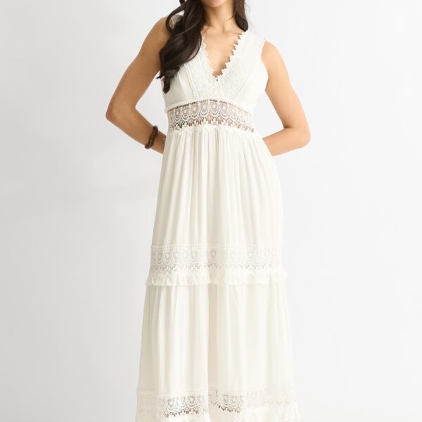White Lace Trim Viscose Maxi Dress