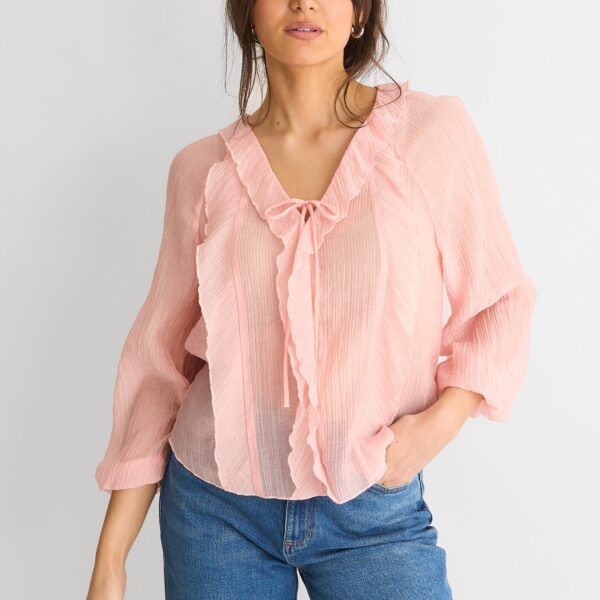 Long Sleeeves Tie Detail Ruffle Blouse