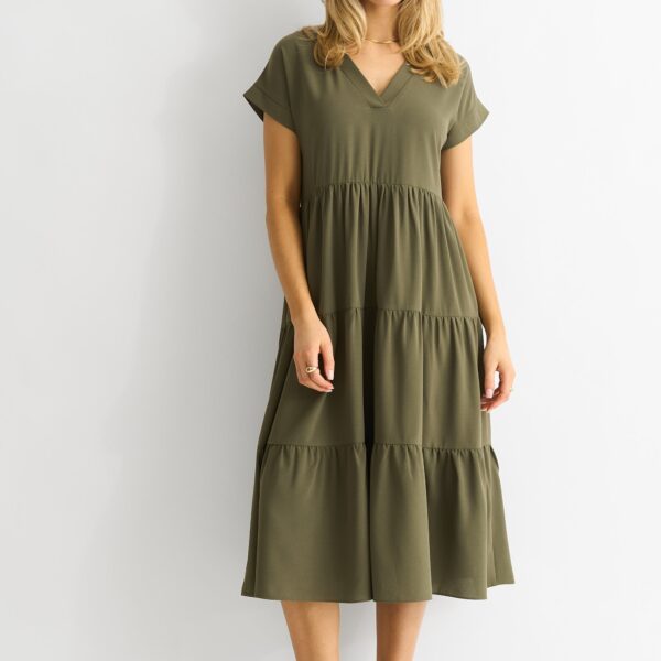 Khaki V Neck Pocket Smock Midi Dress