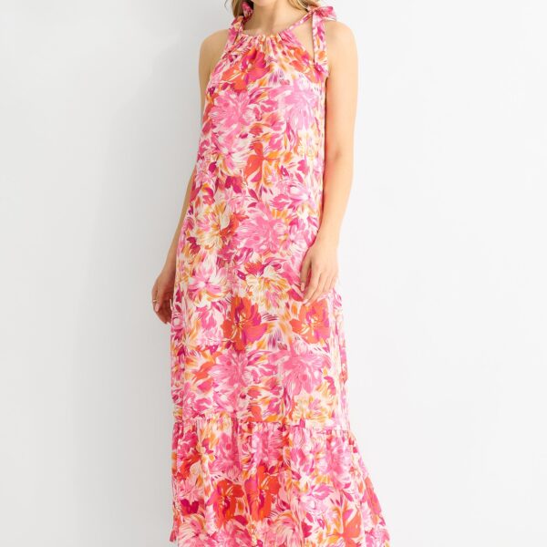 Pink Floral Tie Straps Trapeze Dress
