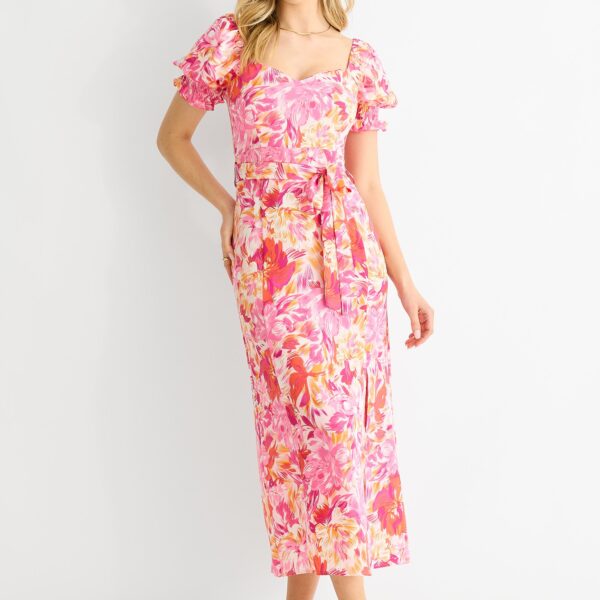 Pink Floral Puff Sleeves Belted Midi Dress