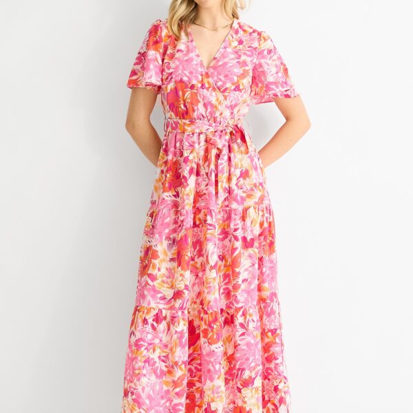 Pink Floral Wrap Belted Midi Dress