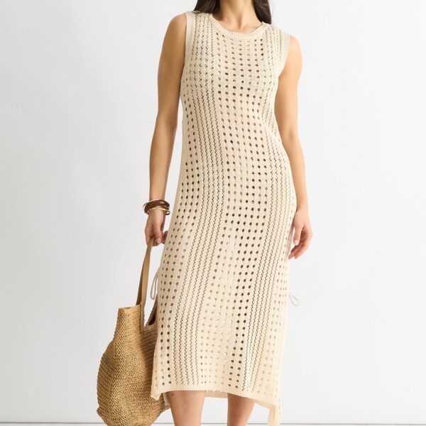 Beige Crochet Knit Bodycon Midi Dress