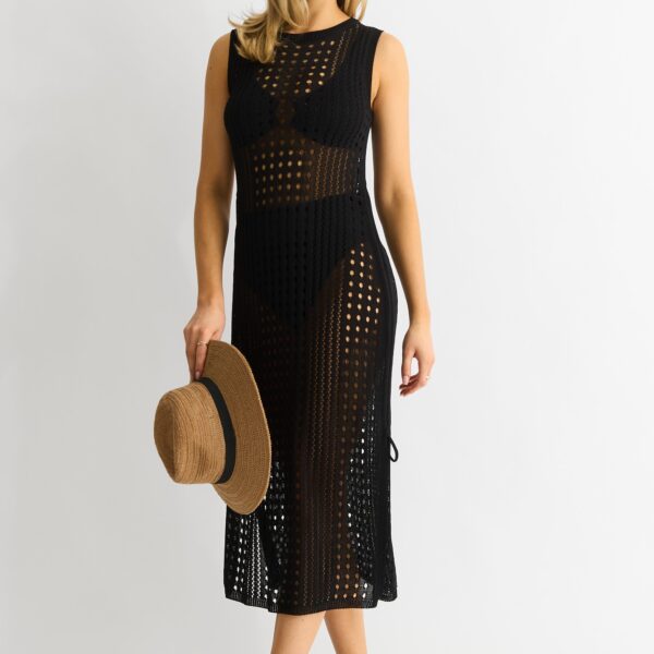 Black Crochet Knit Bodycon Midi Dress