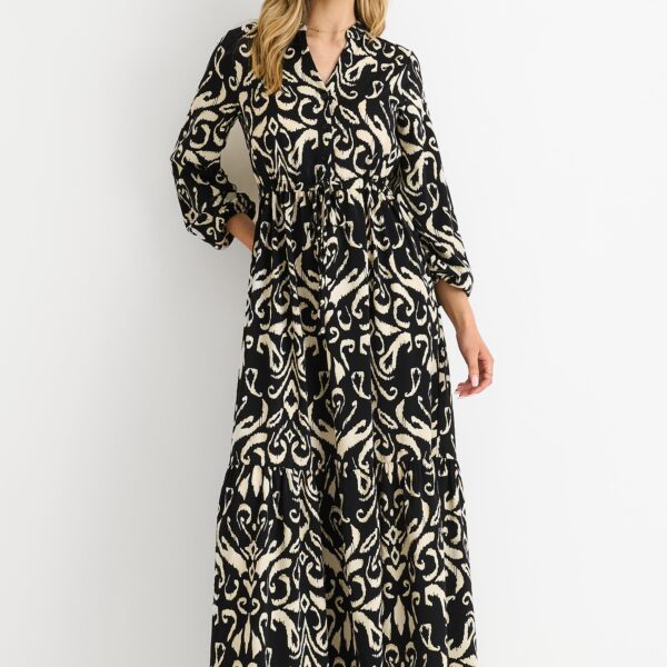 Black Ikat Print Tie Waist Maxi Dress