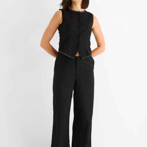 Black Contrast Embroidery Stitch Detail Trouser