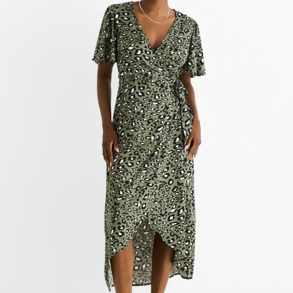 Khaki Animal Print Viscose Wrap Midi Dress