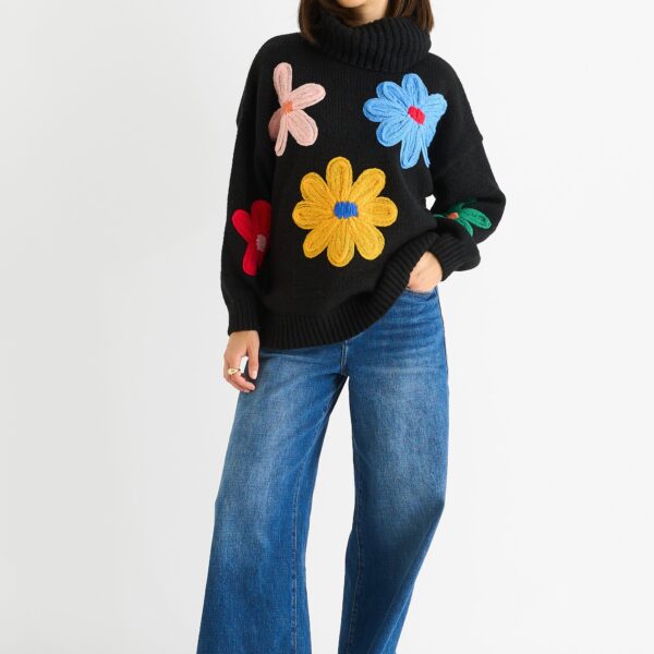 Black Floral Applique Oversized Jumper