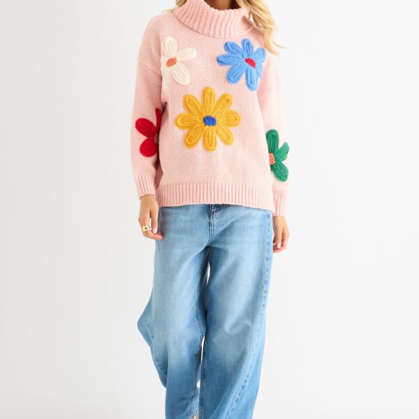 Pink Floral Applique Oversized Jumper