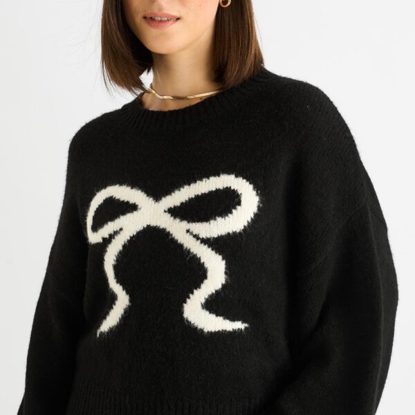 Black Embossed Contrast Bow Short Knit Jumper