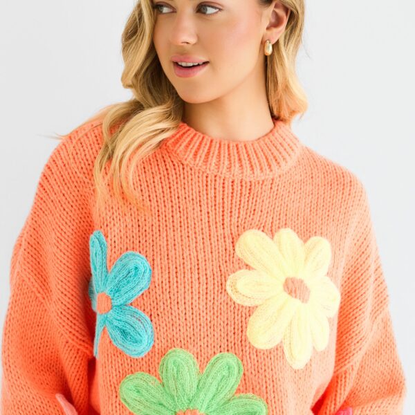 Orange Floral Crochet Chunky Knit Oversized Jumper