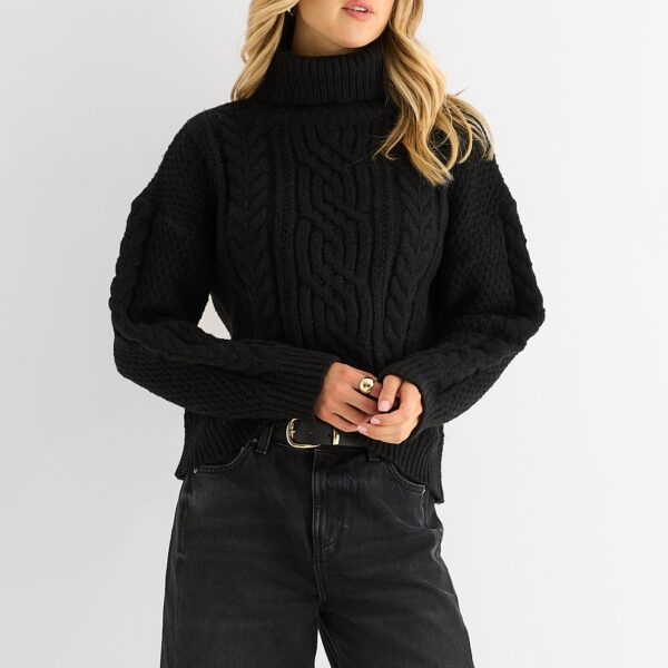 Black Cable Knit High Neck Knit Jumper