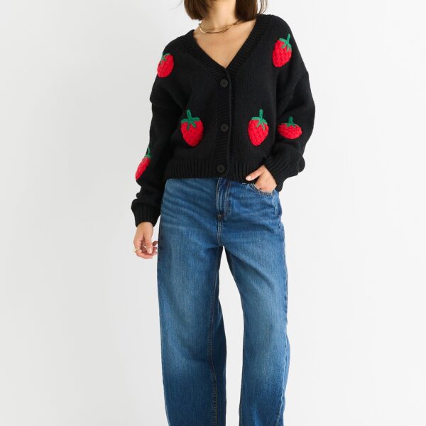 Black Contrast Strawberry Knitted Short Cardigan