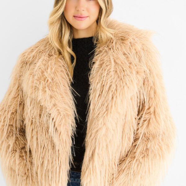 Light Camel Plain Fringe Faux Fur Short Jacket