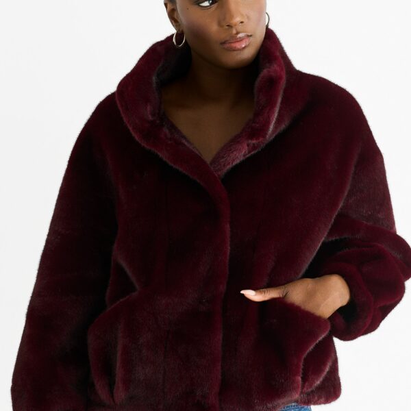 Angora Red Funnel Neck Button Up Faux Fur Jacket