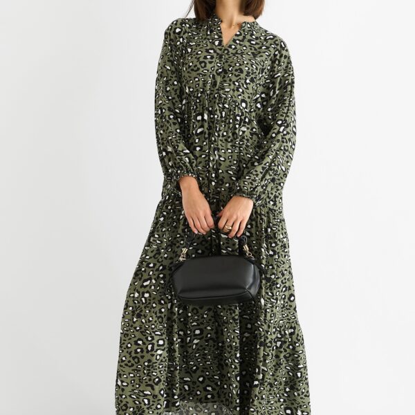 Khaki Viscose Animal Oversized Smock Maxi Dress