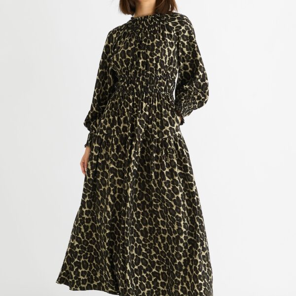 Khaki Animal Print Shirred High Neck Maxi Dress