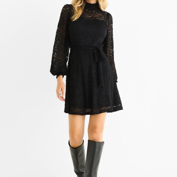 Black Jersey Lace High Neck Mini Skater Dress