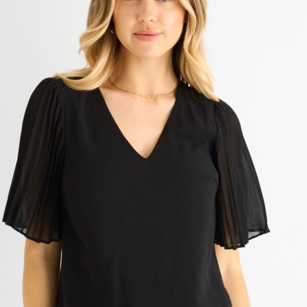 Black Chiffon Pleat Sleeves V Neck Top