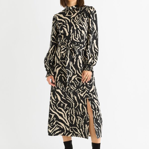 Black Animal High Neck Satin Midi Dress
