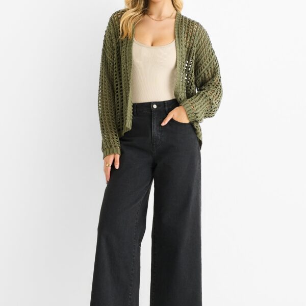 Khaki Open Knit Edge to Edge Cardigan