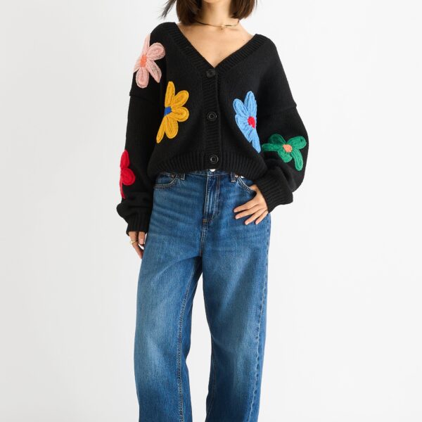 Black Floral Knit Long Sleeves Cardigan