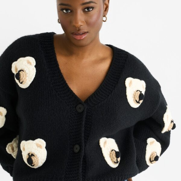 Black 3D Contrast Teddy Crochet Cardigan