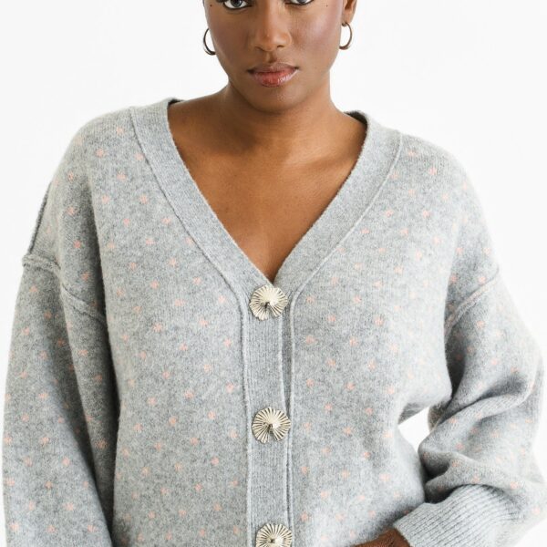 Grey Spot Print Button Cardigan Look Jumper